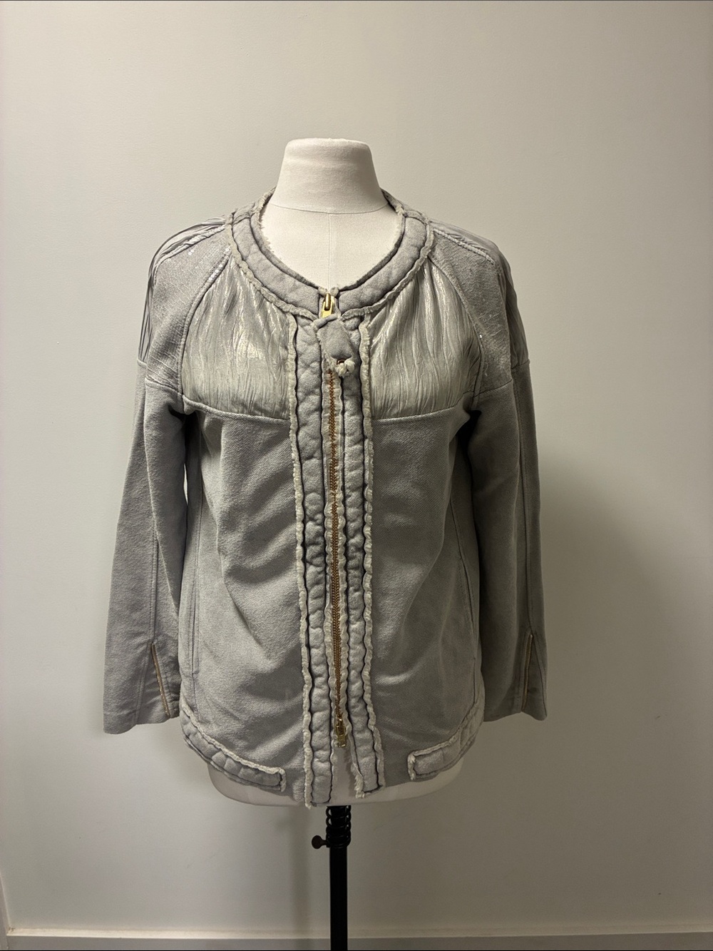Elisa Cavaletti Light Gray Braided-Trim Leather Jacket